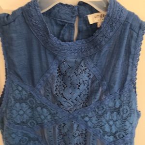 Umgee embroidery top, blue and sleeveless.